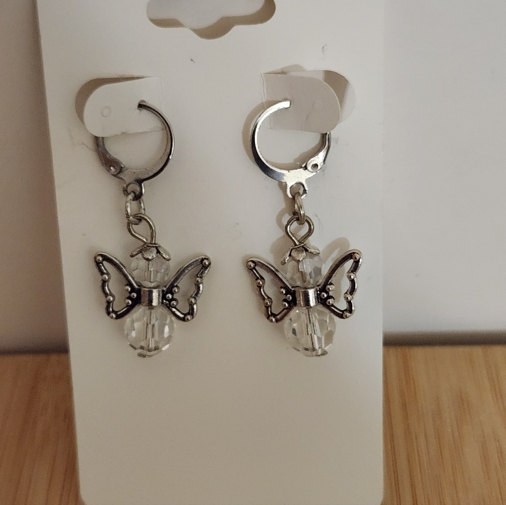 Hand Crafted Earrings Clear Crystal Angel Pierced with Silver Angel Wings - Picture 5 of 5
